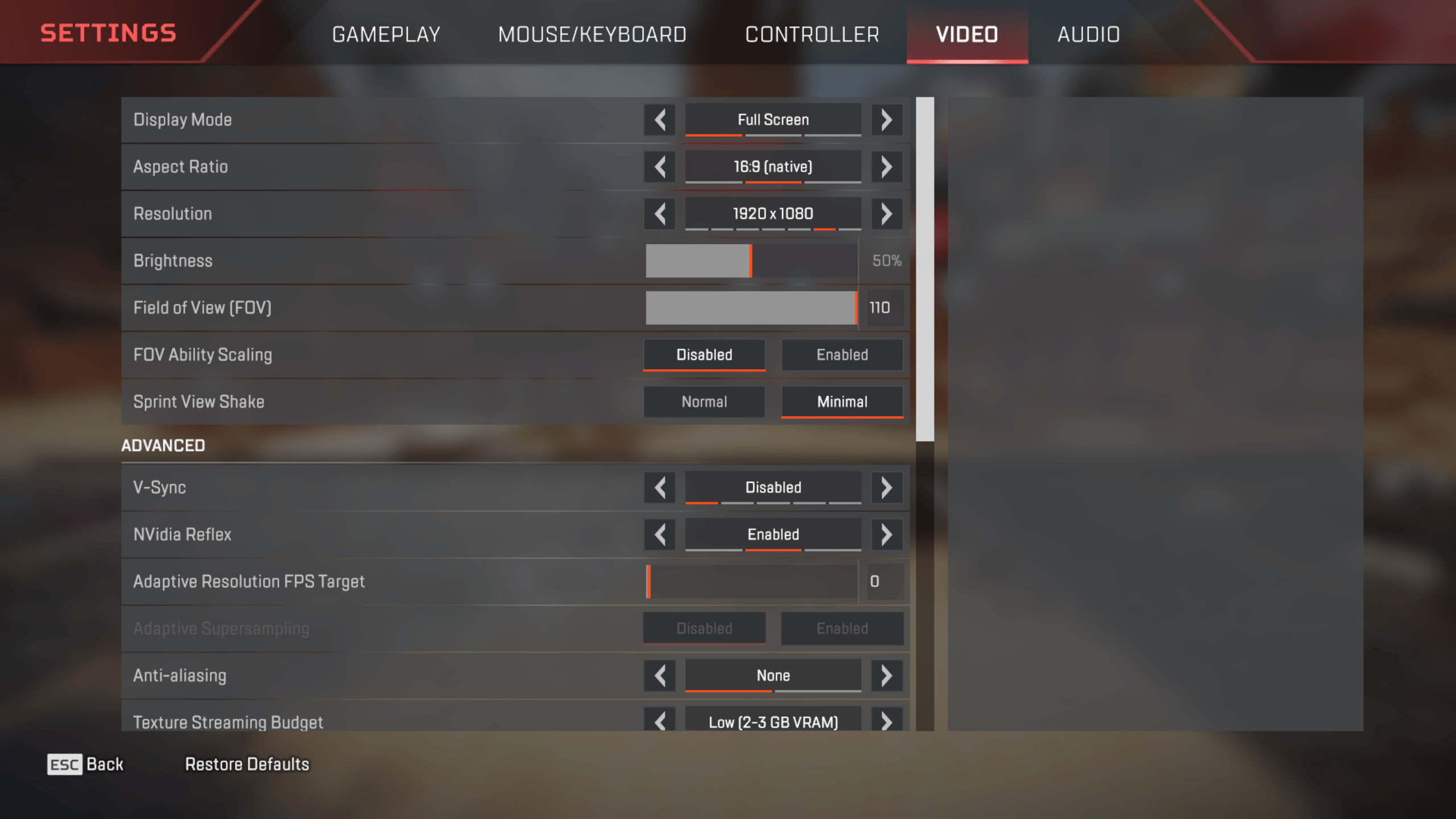 Apex Legends video settings menu