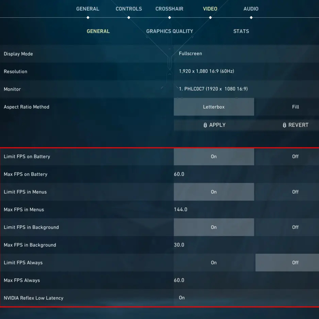Valorant video settings menu showing FPS caps set at 40 and 30